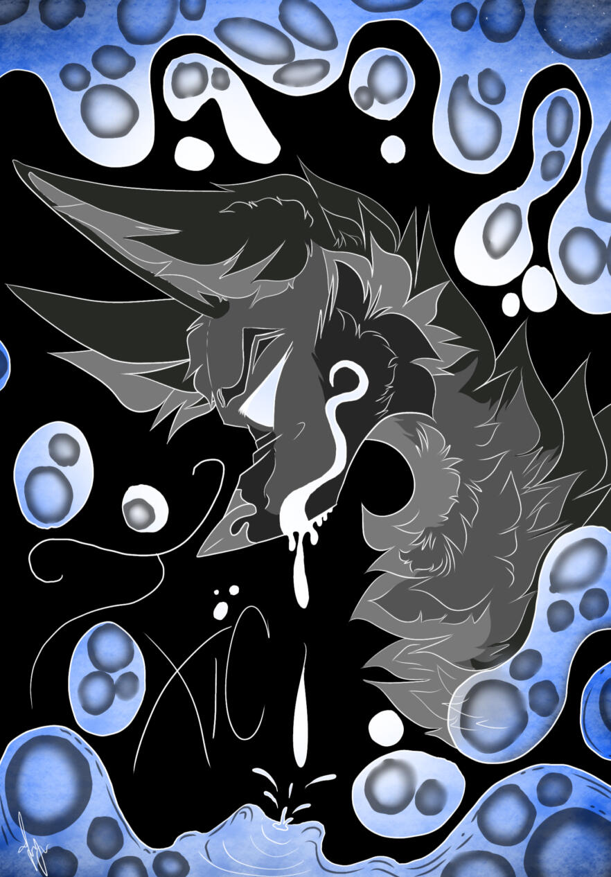 A sleek, stylized wolf wears a sarcastic smile amid swirling pools of iridescent, toxic sludge that seethe and boil at his feet.