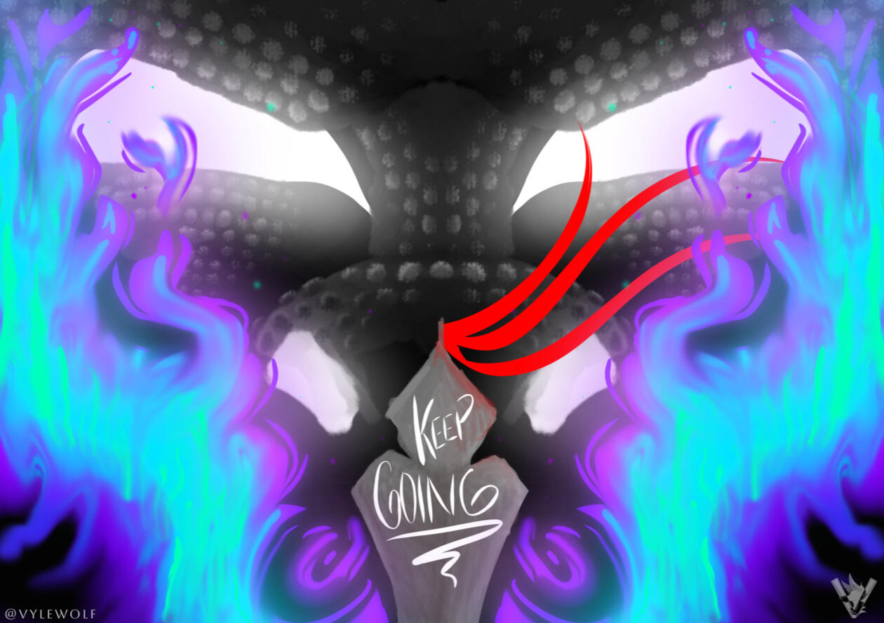 A knight stands untouched in the center of mythological flames as a dragon stares him down. The text &quot;Keep going&quot; is inscribed over the knights back.