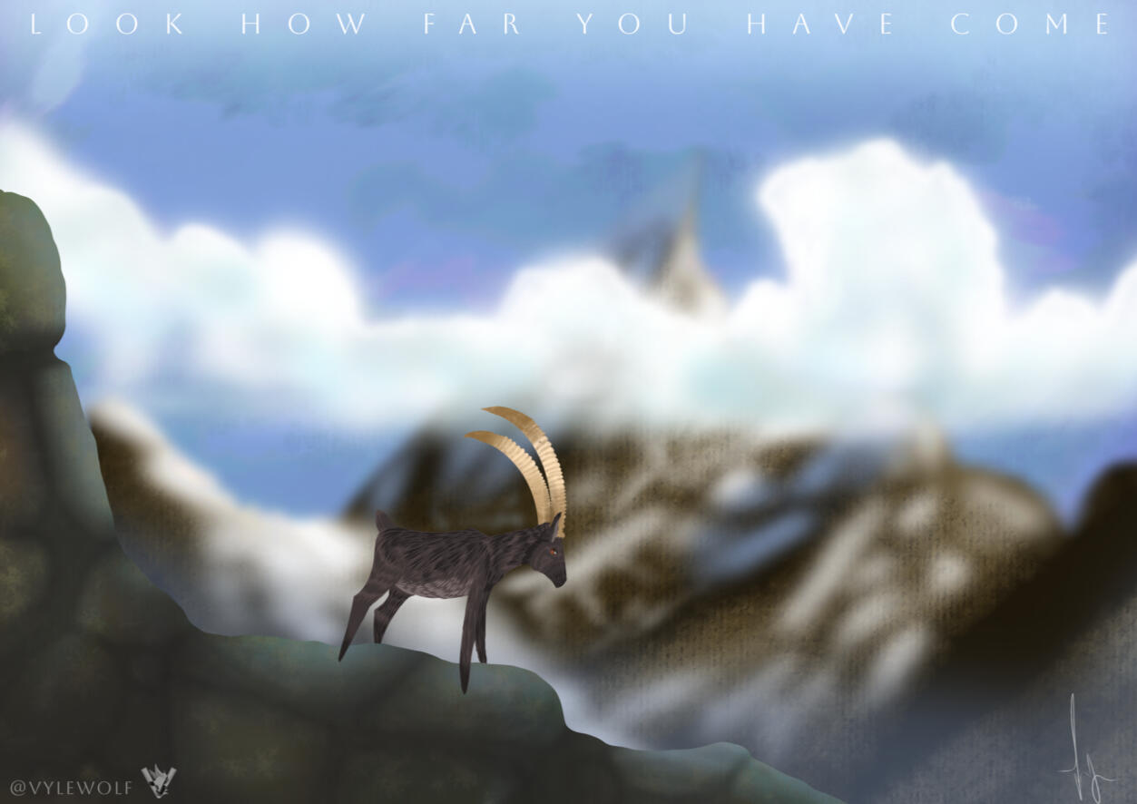A serene digital illustration celebrating resilience and self-reflection, depicting a lone mountain goat poised against misty peaks as a quiet reminder of the strength found in every step of the journey.