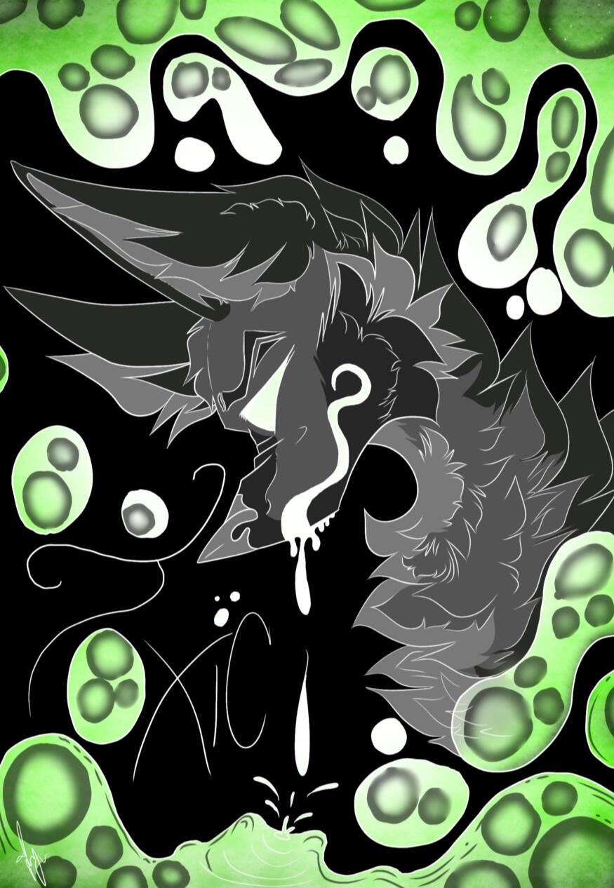 A sleek, stylized wolf wears a sarcastic smile amid swirling pools of iridescent, toxic sludge that seethe and boil at his feet.