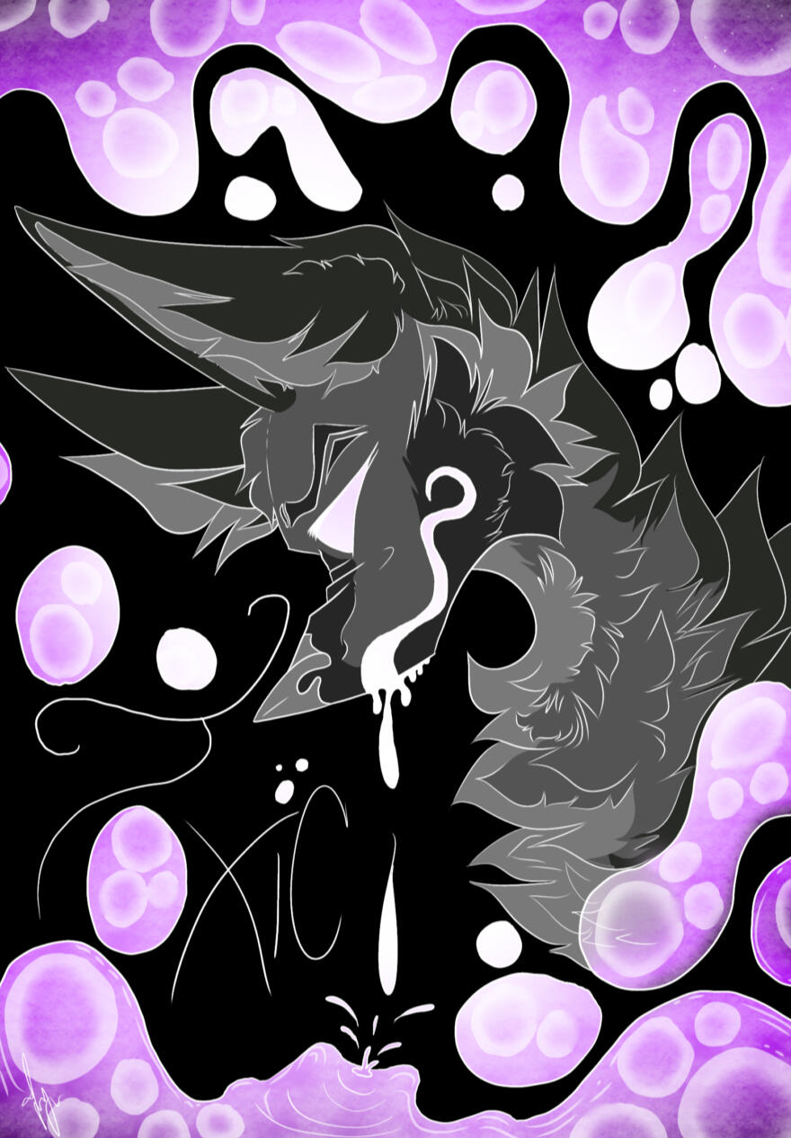 A sleek, stylized wolf wears a sarcastic smile amid swirling pools of iridescent, toxic sludge that seethe and boil at his feet.