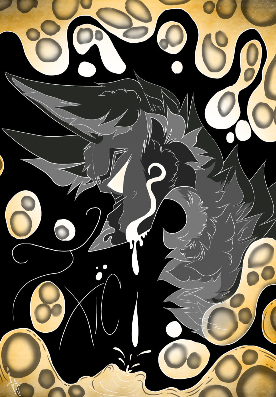 A sleek, stylized wolf wears a sarcastic smile amid swirling pools of iridescent, toxic sludge that seethe and boil at his feet.