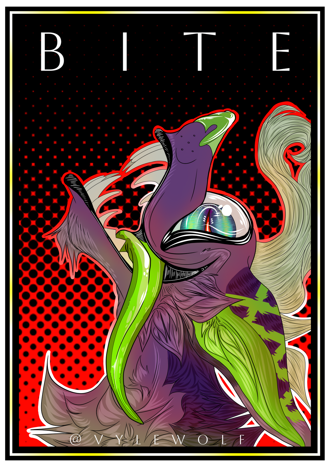 Fenrir, a character from Lumen, stares at the viewer with a mischievous glint in his baleful blue eye.