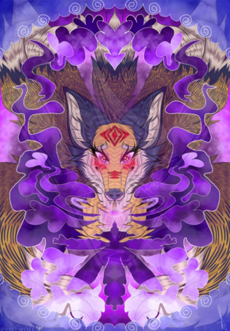 A controversial digital piece meant to illicit a sense of dangerous and forbidden joy and euphoria. As the kitsune smokes, a leaf forms shape within the smoke exhaled.