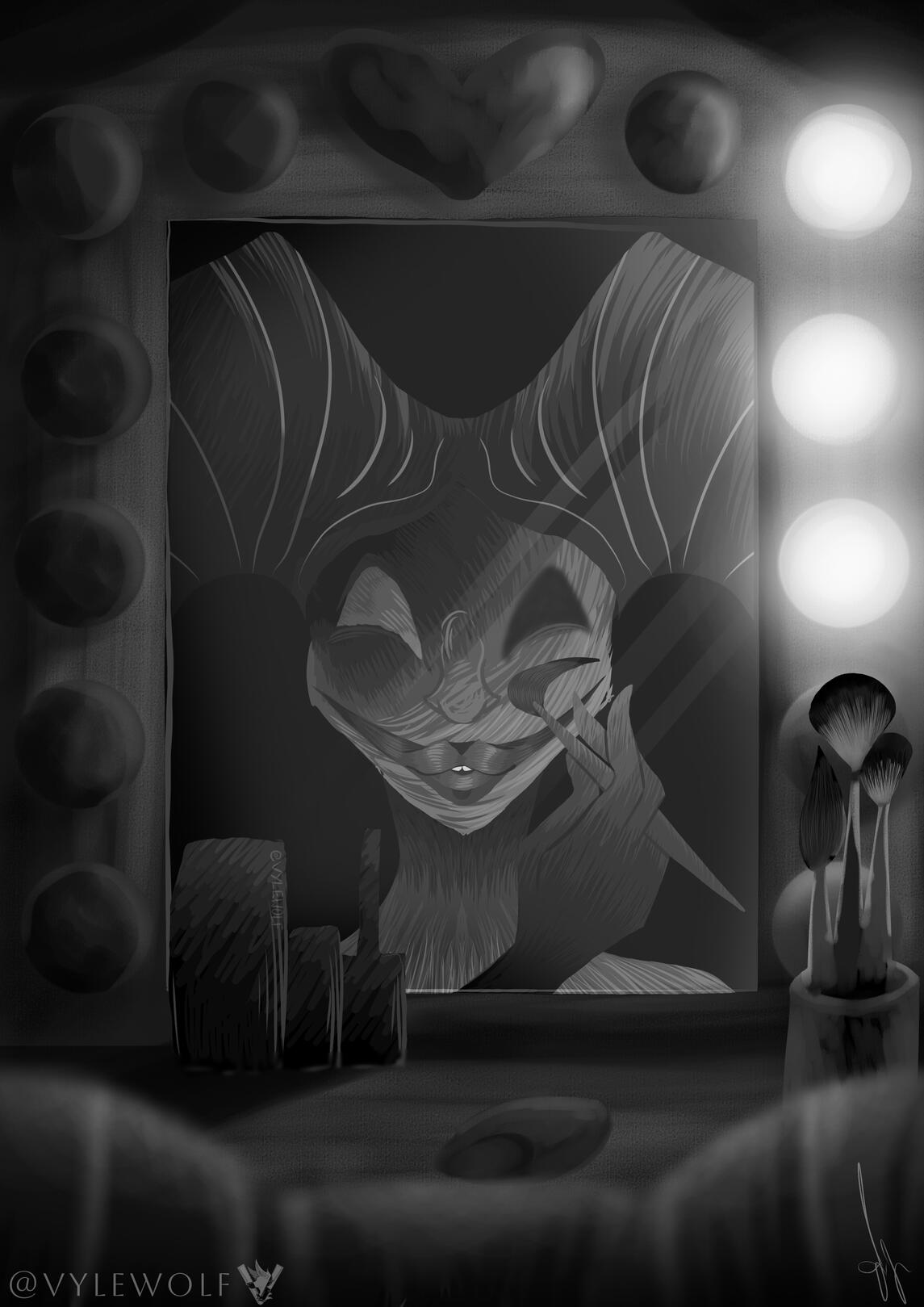A smiling Jester paints their face while observing themselves in a broken vanity&#39;s mirror.